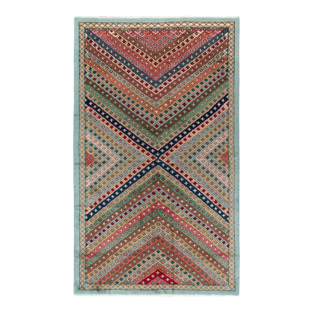 1960s Vintage Art Deco Rug in Blue, Green, Beige-Brown Geometric Pattern For Sale