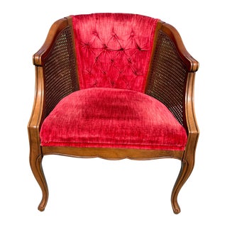 Mid 20th Century Vintage Mid Century Red Velvet Seat and Button Tufted Back Upholstered Carved and Curved Wood Barrel Back Club Chair With Cane Sides For Sale