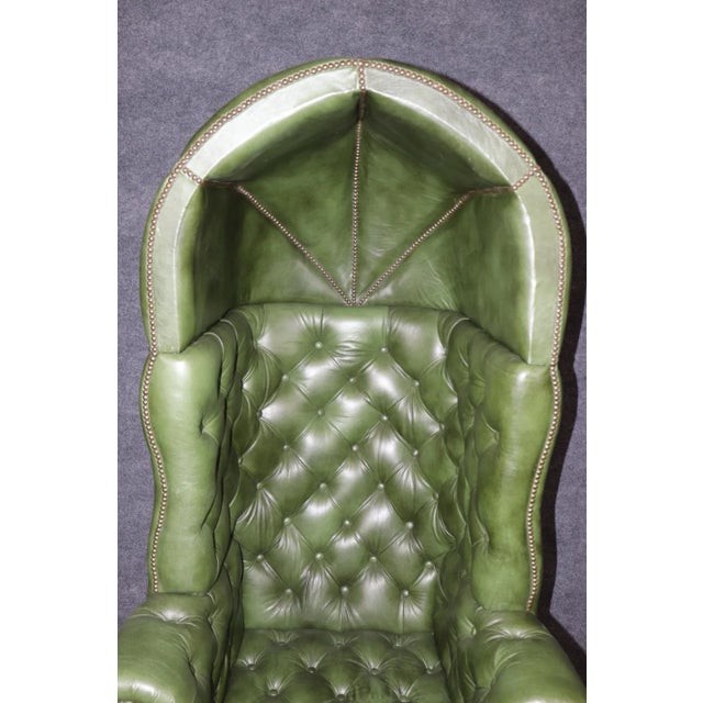 Brass Fine Custom Brass Nail Head Trimmed Green Leather Tufted Porter Canopy Chair For Sale - Image 8 of 12