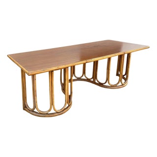 1940s Restored Rattan and Mahogany Coffee Table with Wavy Base For Sale
