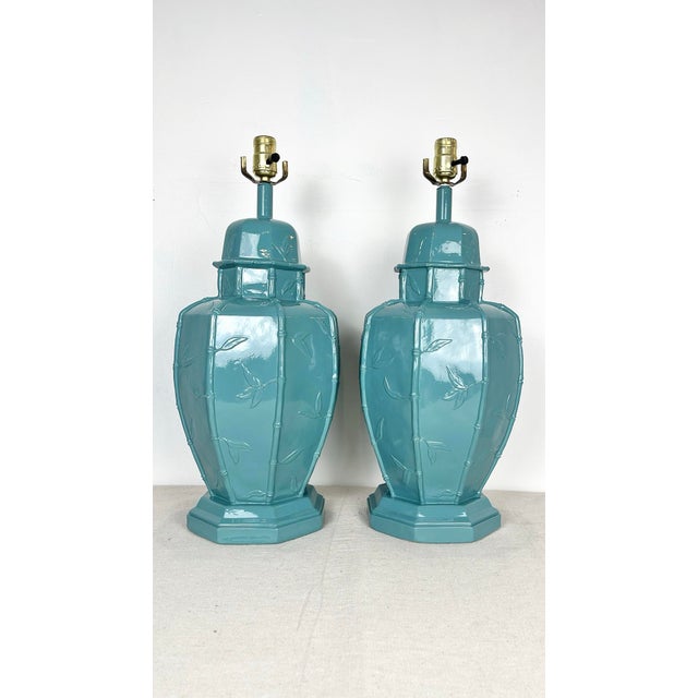 Chinoiserie Newly Lacquered Vintage Faux Bamboo Ginger Jar Lamps- A Pair For Sale - Image 3 of 8