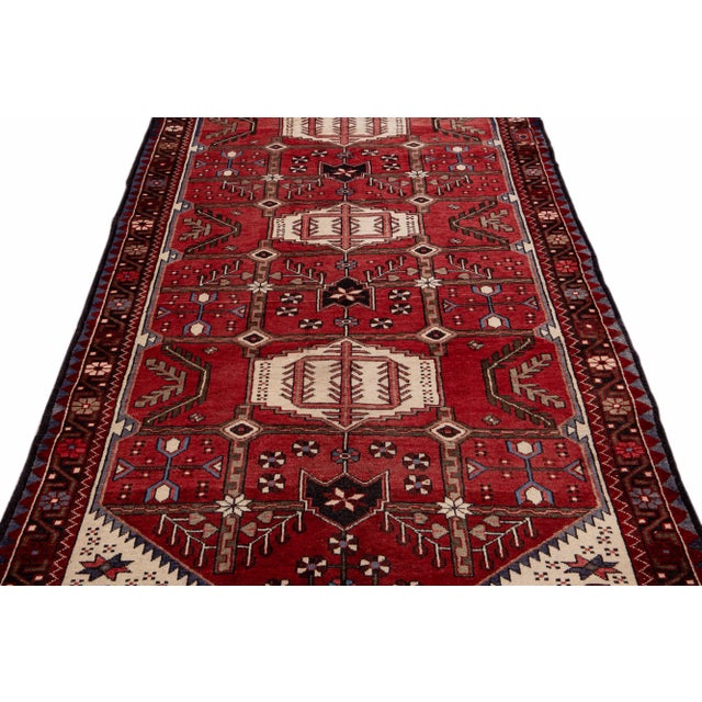 Red Vintage Handmade Persian Red Geometric Wool Runner Rug 4'7" X 9'10" For Sale - Image 8 of 11