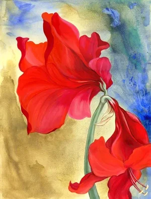"Red Blossoms I" Contemporary Botanical Still Life Mixed-Media Painting