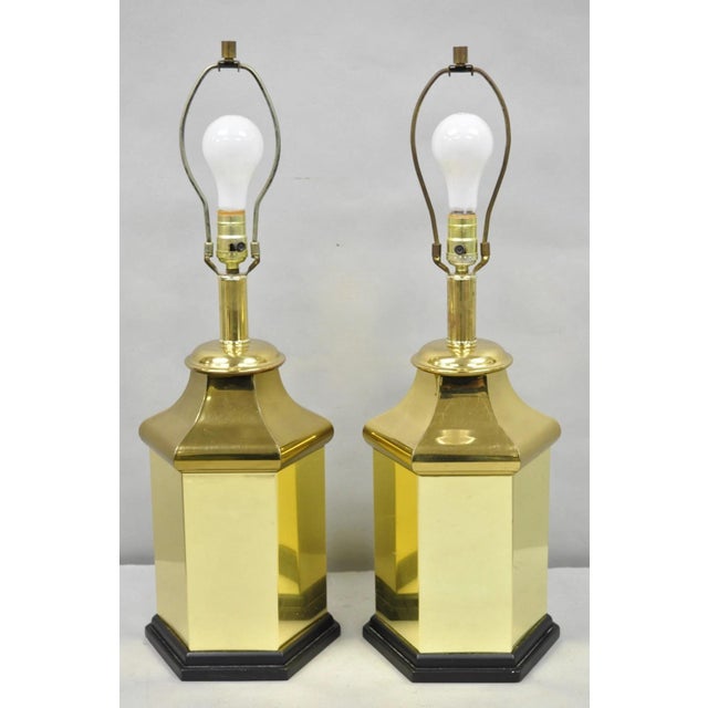 Vintage Chinoiserie Brass Hexagonal Oriental Ginger Jar Table Lamps - A Pair For Sale - Image 13 of 13