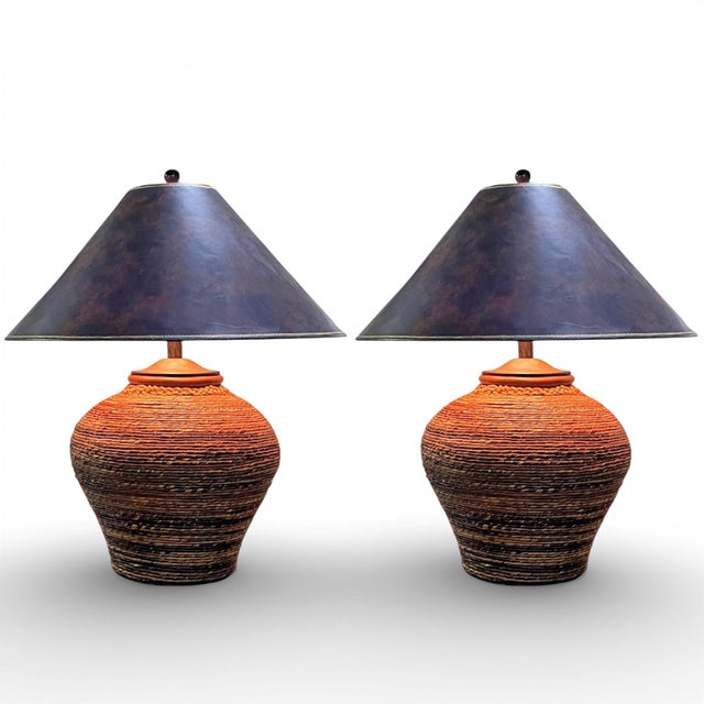 Contemporary Maitland Smith Substantial Seagrass Table Lamps - A Pair For Sale - Image 3 of 14