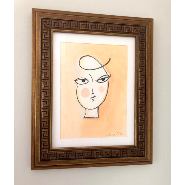 A classic, feminine, minimalist mixed-media portrait signed by artist Mina Mös. Gouache and charcoal on paper, matted and...