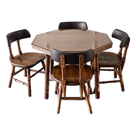 Mid-Century Dixie Furniture Pub Chairs and Matching Faux Bamboo Hexagonal Game Table Set For Sale