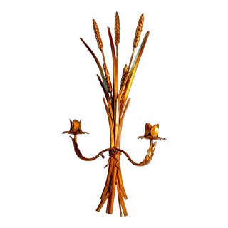 1960s Mid-Century Hollywood Regency Italian Sheaf of Wheat Gilt Metal 2 Armed Candle Wall Sconce For Sale