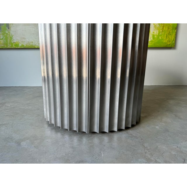 1980's Italian Postmodern Luigi Saccardo- Style Brushed Steel and Glass Top Round Dining Table/ Sold For Sale - Image 4 of 12