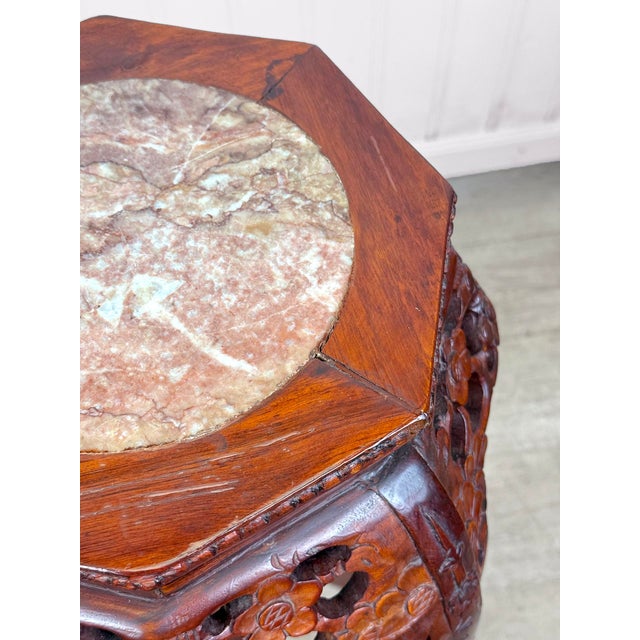 Wood Vintage Chinese Rosewood Marble Top Carved Plant Stand Table For Sale - Image 7 of 12