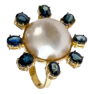 Elegant Retro 18 Kt Yellow Gold Maube Pearl & Sapphire Ring Size 8.5
