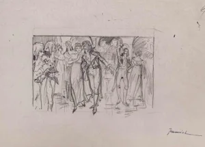Pierre Georges Jeanniot, Dance Party, Original Pencil on Paper, Early 20th Century