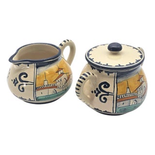 Late 20th Century Corso Dei Fiori “Casolare” Cream & Sugar, Hand Painted Italian Maiolica For Sale