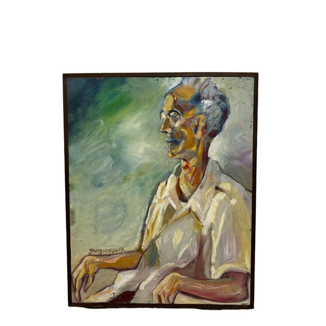 Framed original oil on canvas depicting an Asian man who appears to be deep in thought. This painting is signed by the...
