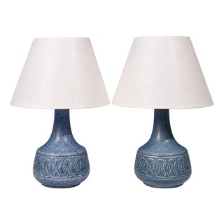 1960s Danish Modern Søholm Stentøj, Table Lamps, Blue Glazed Stoneware - Pair For Sale