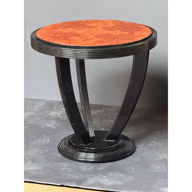 Émile-Jacques Ruhlmann French Art Deco Ebonized Round Side Table With Burl Walnut Top - Two Available For Sale - Image 4 of 11