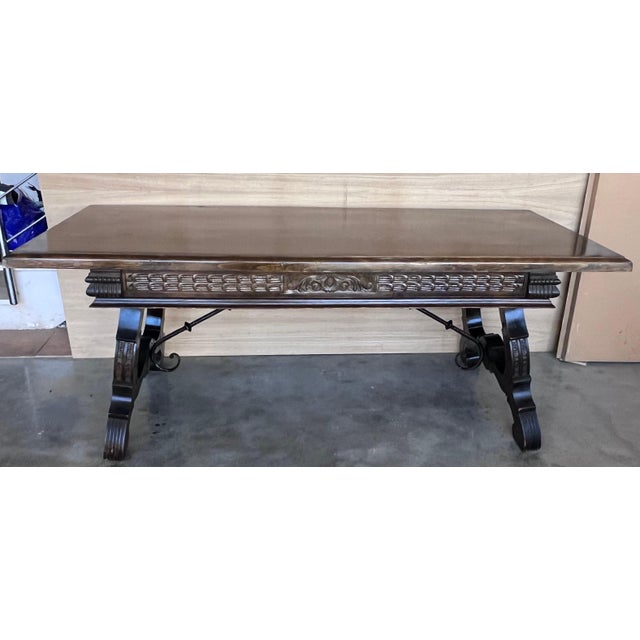 Early 20th Century Large Spanish Two Faces Baroque Style Oak Library Table or Center table For Sale - Image 4 of 18