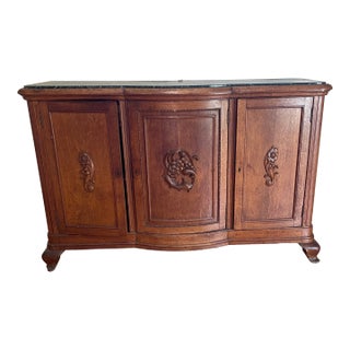French Provincial Louis XV Carved Oak Marble Top Sideboard Buffet For Sale