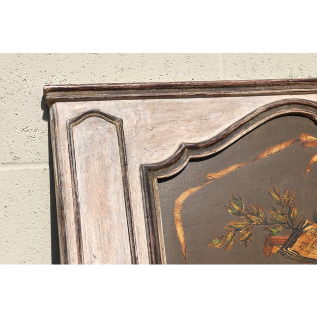 French 1950s Painted Trumeau Wall Mirror With Floral & Instrument Motif | Carved Wood Frame For Sale - Image 4 of 18