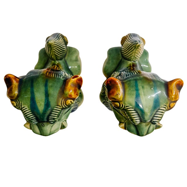 Late 20th Century Late 20th Century Pair of Green & Blue Glazed Ceramic Foo Dog Figurines For Sale - Image 5 of 9