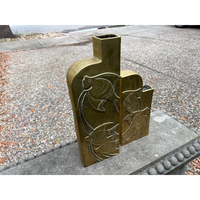 1980s Pair of Dolbi Cashier Brass Vases With Fish For Sale - Image 9 of 11