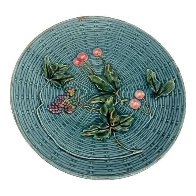 Antique Georg Schmider / Zell Majolica Basketweave Plate Cherries & Grapes For Sale
