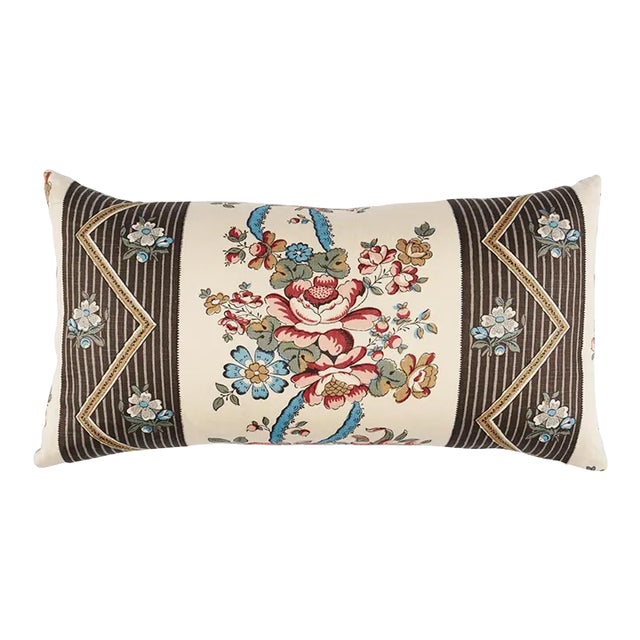 Schumacher Sylvain Floral Stripe Lumbar Pillow In Noir For Sale