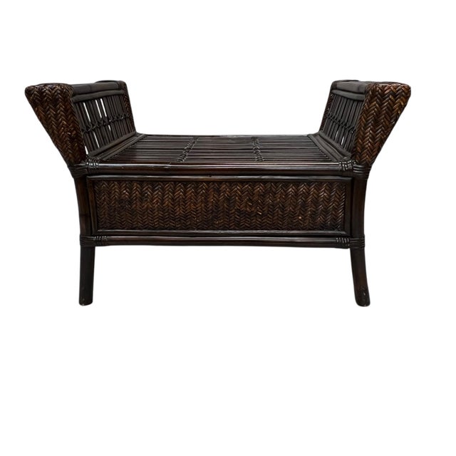 Chinoiserie Vintage Bamboo and Woven Rattan Ottoman Footstool For Sale - Image 3 of 9