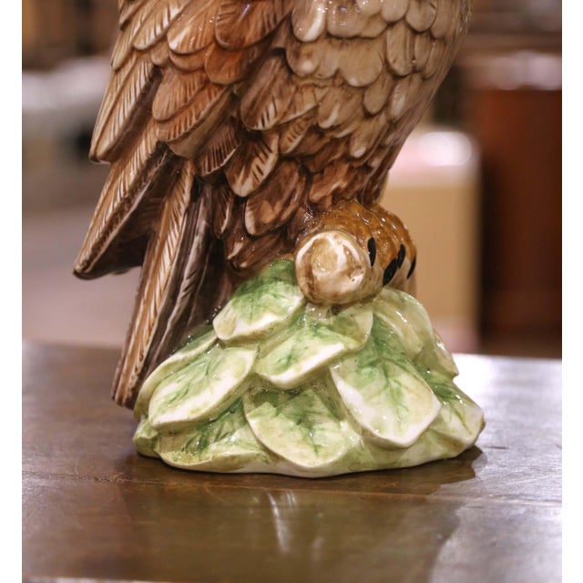 Mid 20th Century Mid-Century Italian Hand Painted Glazed Ceramic Owl Sculpture With Foliage Base For Sale - Image 4 of 9