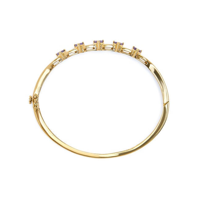 Contemporary 14K Yellow Gold Alternating Trillion Tanzanite and 1/3 Cttw Diamond Bangle Bracelet - Size 7" For Sale - Image 3 of 6