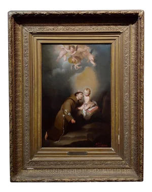 St. Christopher W/ Baby & Cherubs-Spanish School-18th Century Oil Painting