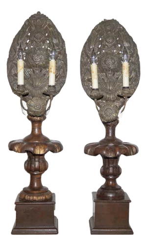 Pair of 19th-Century Italian Carved Wood and Gilt Candlesticks with Floral Motif