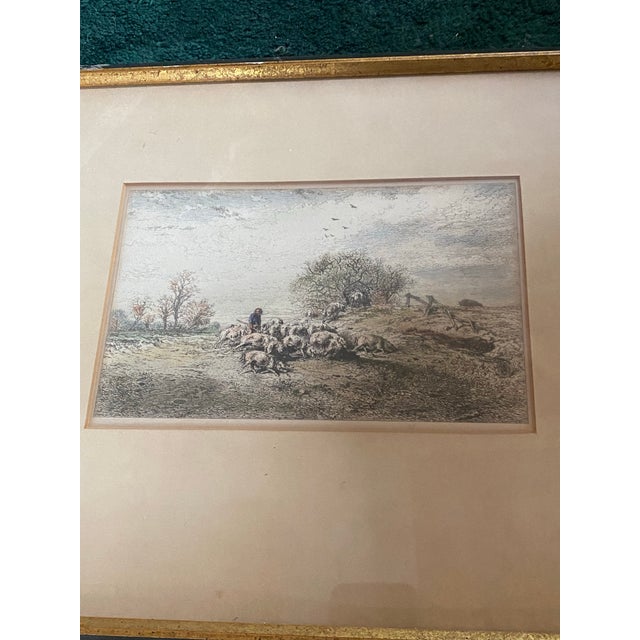 Gray Framed 19th-Century Pastoral Landscape Etching of Sheep and a Shepherd. For Sale - Image 8 of 10