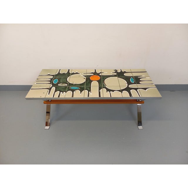 Vintage Coffee Table in Ceramic, Chrome Metal and Wood, 1970s For Sale - Image 6 of 16