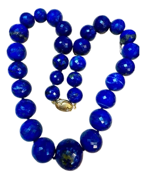 Vintage Lapis Lazuli Single Strand Necklace Yellow Gold 14K Clasp With Diamond