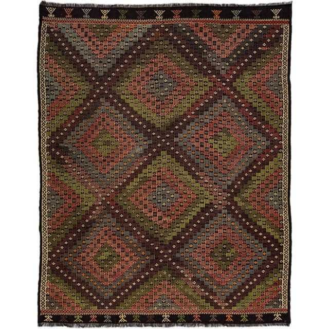 Brown and Green Modern Soumak Handmade Geometric Designed Wool Rug For Sale - Image 13 of 13