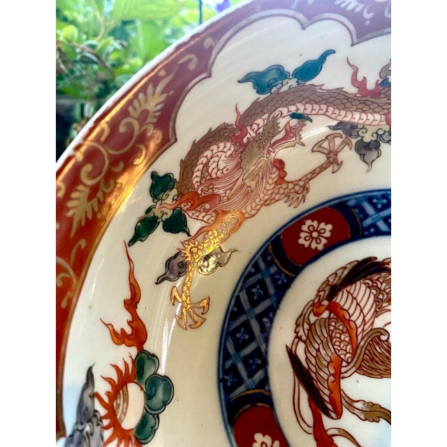 Red Mid 20th Century Japanese Imari Style Dragon & Phoenix Porcelain Bowl With Gilt Decoration For Sale - Image 8 of 10