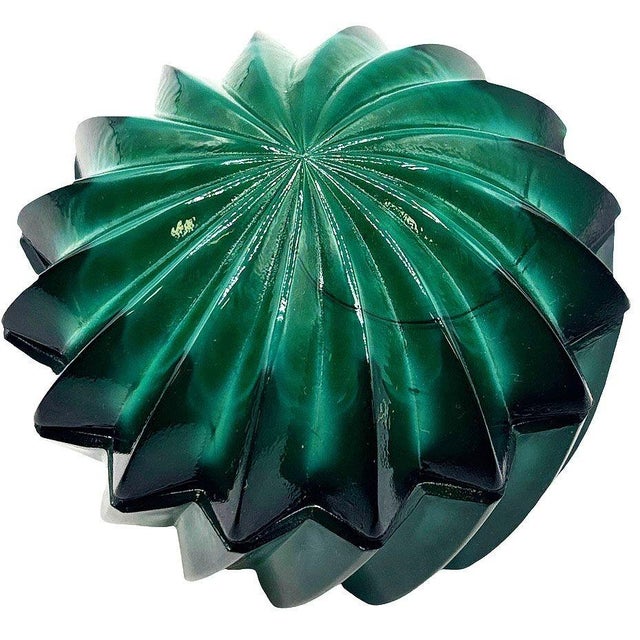 Exquisite Art Deco era Czechoslovakian bohemian green malachite glass trinket box and features a striking fluted, swirling...