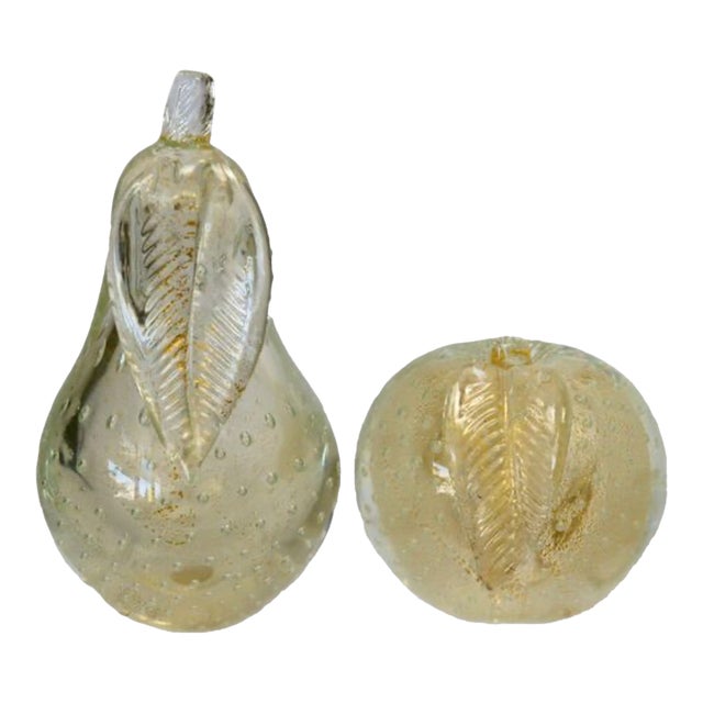 Midcentury Murano Glass Gold Flake Pear & Apple Bookends For Sale