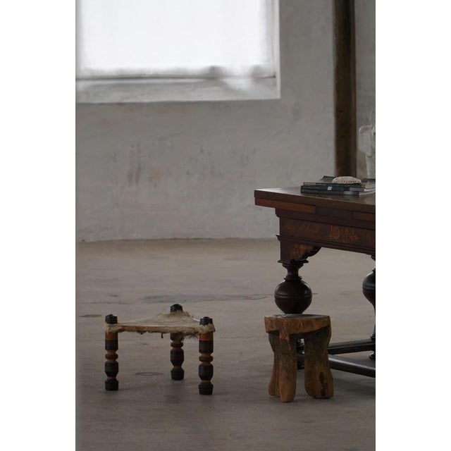 Vintage African Handmade Triangular 3-Legged Stool with Cowhide Seat, 1940s For Sale - Image 10 of 15