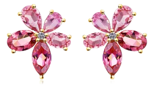 Nina Zhou Pink Sapphire Tourmaline Diamond Blossom Earrings in 14k Yellow Gold - a Pair