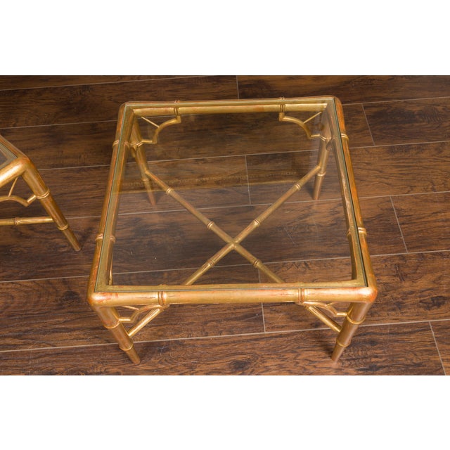 Wood Pair of French Midcentury Gilt Faux Bamboo Drinks Tables with Glass Tops For Sale - Image 7 of 12
