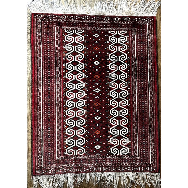 Textile Handwoven Red and Burgundy Geometric Rug with Ivory Fringes, 1990s For Sale - Image 7 of 7