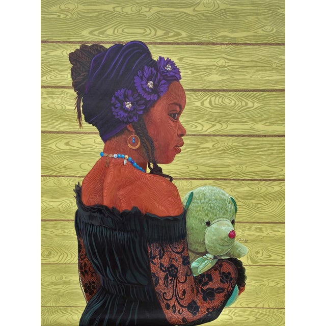 Dolls, Not Babies by Joseph Idowu | Acrylic on canvas Portrait of a girl holding a stuffed animal. For Sale