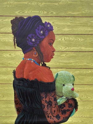 Dolls, Not Babies by Joseph Idowu | Acrylic on canvas Portrait of a girl holding a stuffed animal.