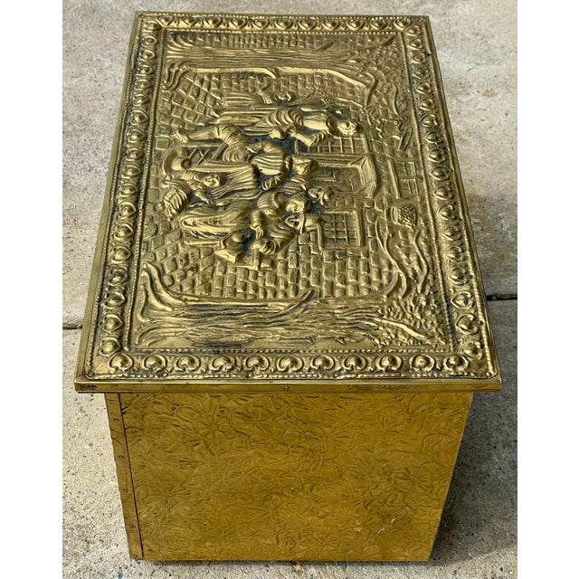 Mid 20th Century Pressed Embossed Brass Firewood Coal Kindling Box Fireside Tavern Scene For Sale - Image 6 of 12