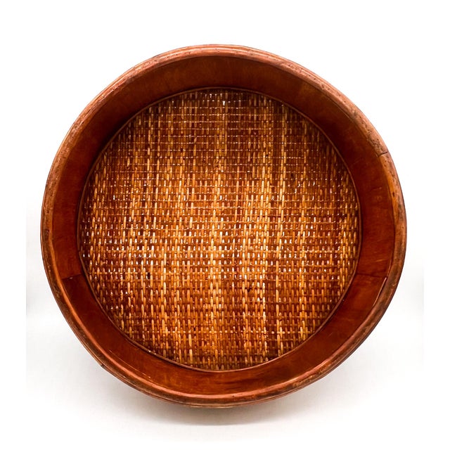 Contemporary Vintage Burnt Bamboo Basket With Woven Rattan Base – Boho / Organic Modern / Tropical For Sale - Image 3 of 12