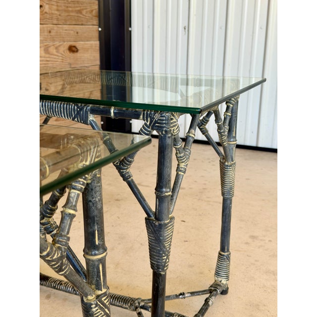 Pair Vintage Coastal Faux Bamboo Aluminum Side Tables With Glass Tops For Sale - Image 10 of 12