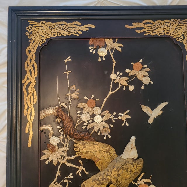 Vieux Paravent Japonais Shibayama Fait Main En Bois Sculpté - 2 Panneaux 35x30 Cm - Déco Chinoiserie Orientale Authentique