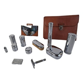 Art Deco Mens Travel Shaving Kit in Leather Case, Czechoslovakia, 1930s For Sale